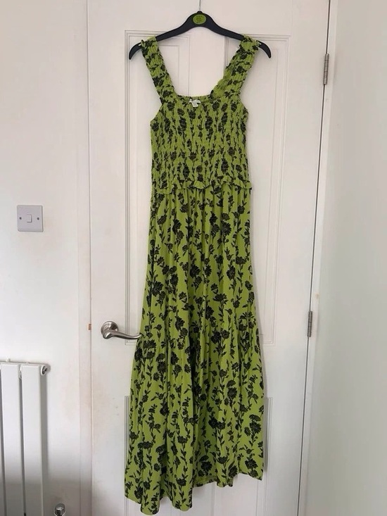 None Dresses & Skirts - Smocked Lime Green Floral Midi Dress with Wide Straps